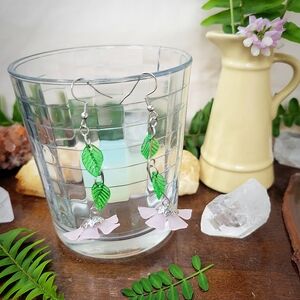 Pale Pink & Green Leafed Flower Fairy Earrings - Stainless Steel - Handmade